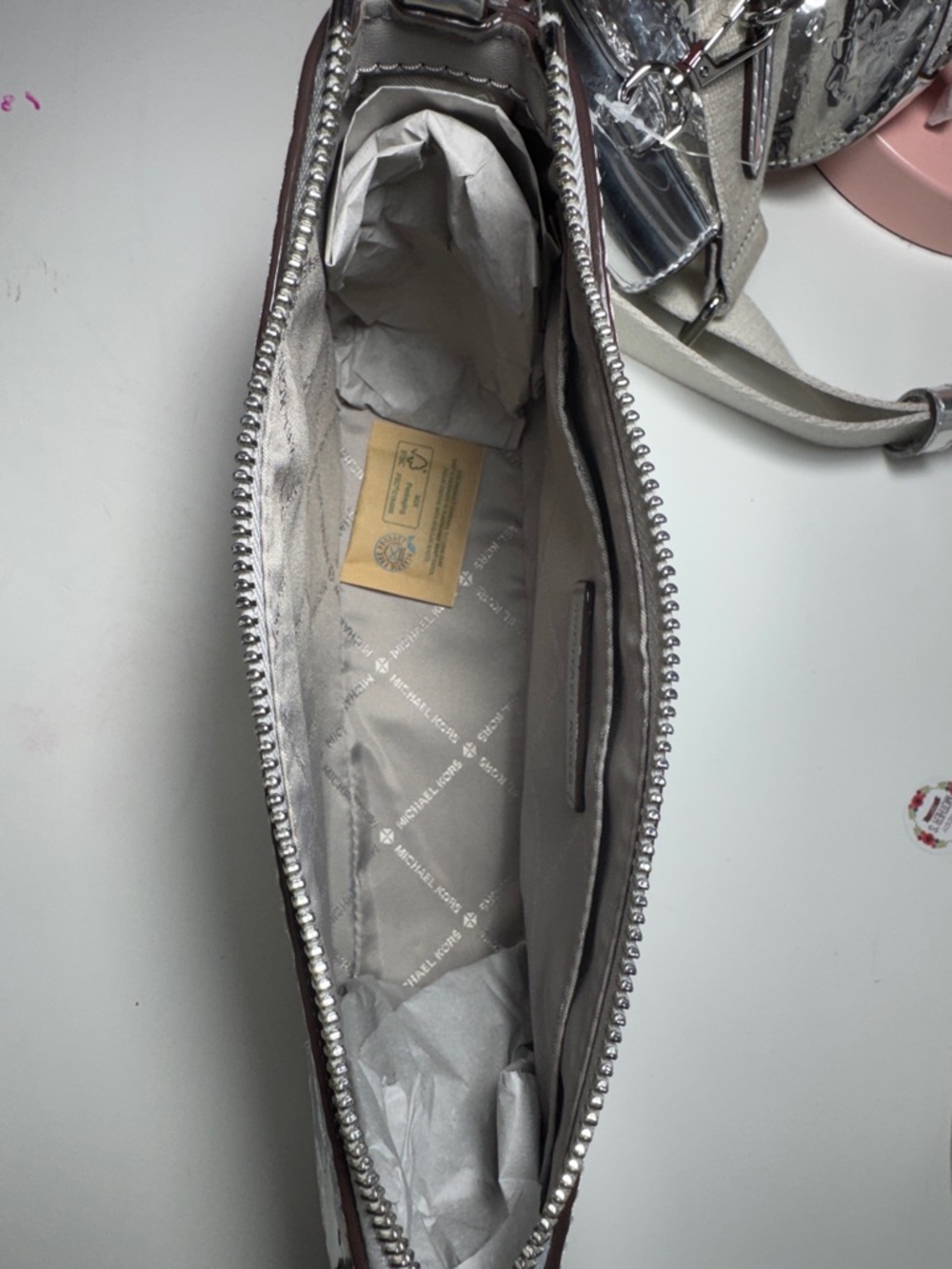 Michael Kors Silver Metallic MK Embossed Crossbody with Cream Strap - Picture 4 of 6